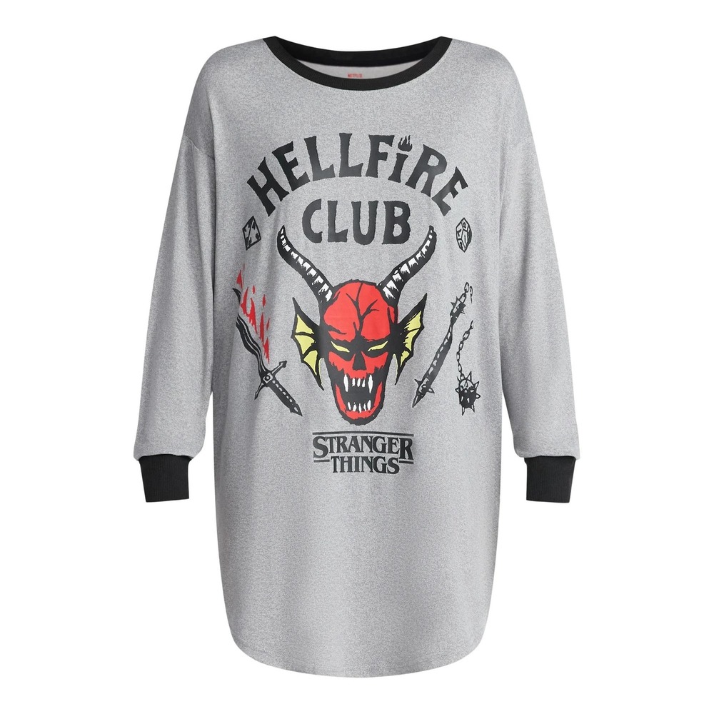 Netflix Stranger Things Hellfire Club Grey Long Sleeve Sleep Shirt Top Womens 2X